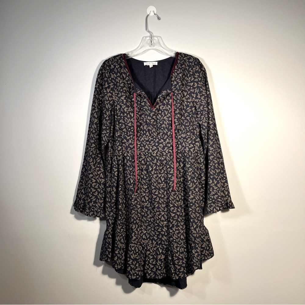 Hem & Thread Longsleeve Tunic Dress Boho Blue Gold Floral Red Velvet Tie M